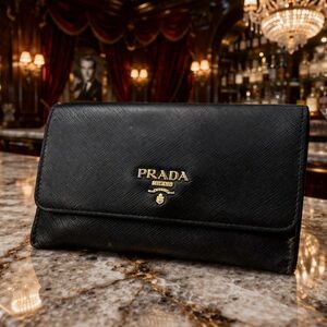 Prada Black Leather Wallet with Gold Accents